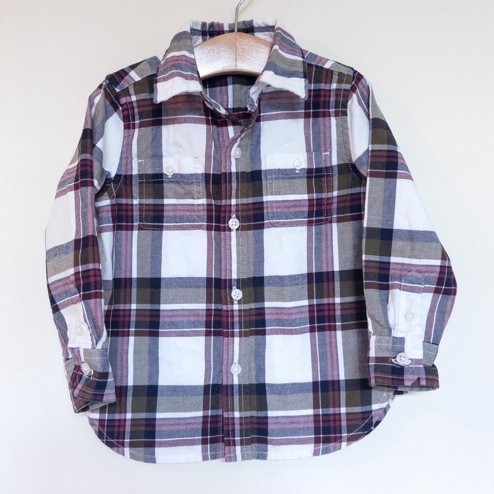 Janie and Jack Button‎ Down Shirt Plaid Flannel White Green Blue Toddler 18-24M